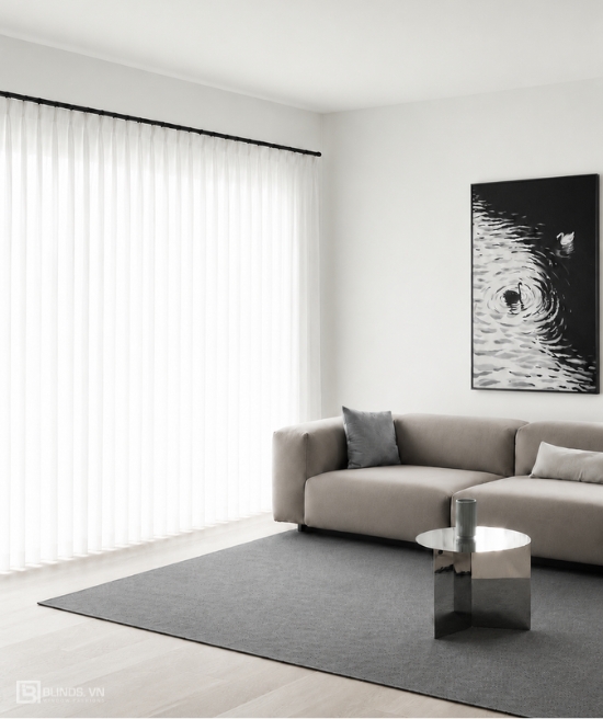 Rèm voan Pure Veil trắng nhẹ cho phòng khách hiện đại, giúp lọc sáng tự nhiên và tạo cảm giác thoáng rộng