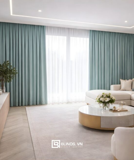 rèm vải 1 lớp màu xanh ngọc